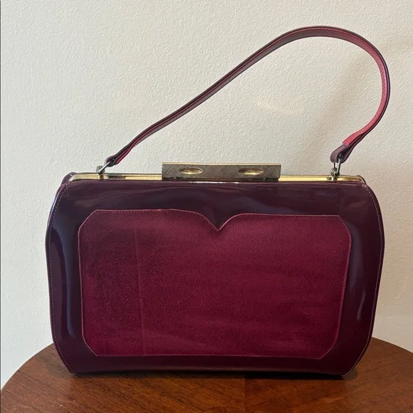 Town & Country Vintage 50’s Satchel Shoulder bag  burgundy red wine Suede Patent - Picture 3 of 13